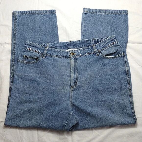 VTG 80s Medium Wash Studded High Waist Wide Leg Jeans Large Petite - Picture 4 of 14